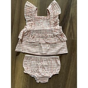 Mud Pie Baby Girl Check Smocked Pinafore & Bloomer Set Size 3-6 Month NEW